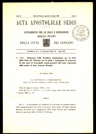 1980 - LOTTO/10984 - VATICANO - BERNINI 4v.  ACTA APOSTOLICAE