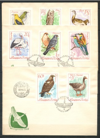 1968 - LOTTO/11246A - UNGHERIA - UCCELLI 8v. - 3 BUSTE FDC