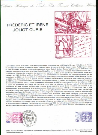 1982 - LOTTO/FRA2218DOC - FRANCIA - OMAGGIO AI CURIE DOC. FILATELICO