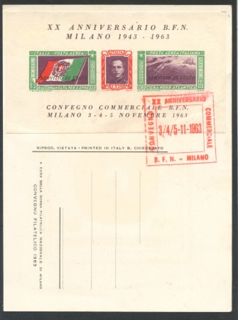 1963 - REPUBBLICA - 20° ANNIVERSARIO BORSA FILATELICA FOGLIETTO ERINNOFILO - LOTTO/28278