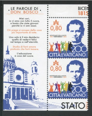 2015 - VATICANO - S.GIOVANNI BOSCO -  COPPIA CON DICITURA SUL BORDO - NUOVO - LOTTO/30707A