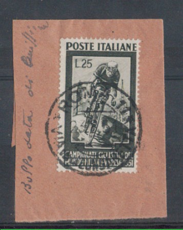 1951 - LOTTO/6152USP - REPUBBLICA - 25 LIRE CICLISMO  ANNULLO FD