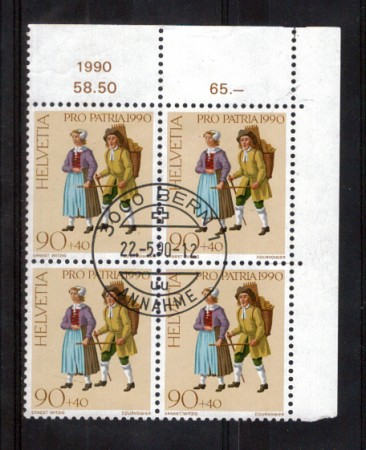1990 - LOTTO/SVI1346QU - SVIZZERA - 90+40c- PRO PATRIA QUARTINA USATA