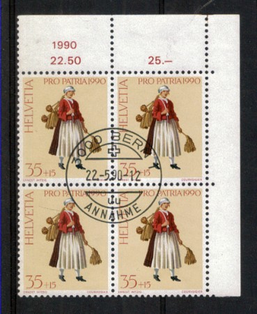 1990 - LOTTO/SVI1343QU - SVIZZERA - 35+15c. PRO PATRIA - QUARTINA USATA