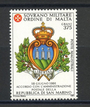 1991 - SOVRANO MILITARE DI MALTA - LOTTO/39295 -  CONVENZIONE CON S.MARINO - NUOVO