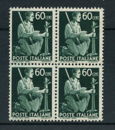 1945 - REPUBBLICA - 60 cent. DEMOCRATICA - QUARTINA NUOVI - LOTTO/30345