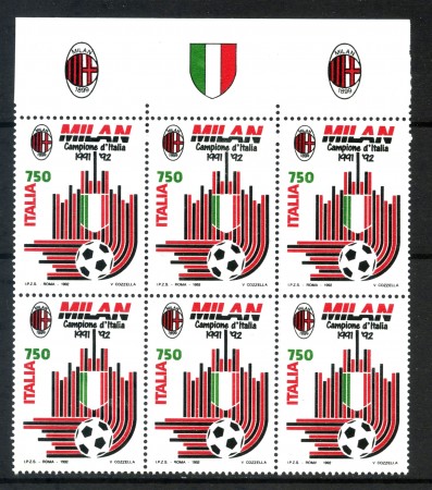 1992 - REPUBBLICA - MILAN CAMPIONE - NUOVO - BLOCCO DI 6 -  LOTTO/6991BL