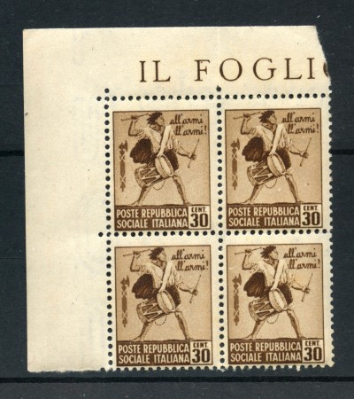 1944 - REPUBBLICA SOCIALE - 30c. MONUMENTI - QUARTINA  FILIGRANA DIRITTA - LOTTO/RSI498QV