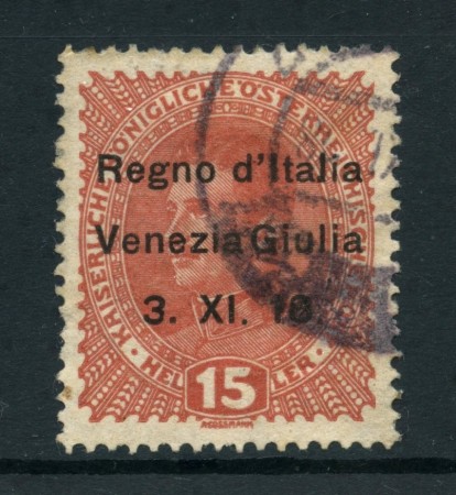1918 - VENEZIA GIULIA - 15 HELLER BRUNO ROSSO - USATO - LOTTO/26752