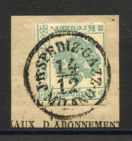 1853 - LOMBARDO VENETO - LOTTO/40534 - 2 KREUZER VERDE SEGNATASSE PER GIORNALI - USATO SU FRAMMENTO