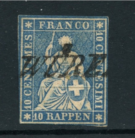 1854 - SVIZZERA - 10 r. AZZURRO HELVETIA SEDUTA - USATO - LOTTO/28383