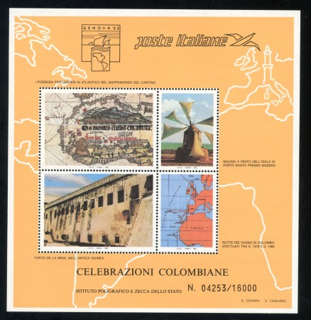 1992 - ITALIA - CELEBRAZIONI COLOMBIANE - FOGLIETTO ERINNOFILO NUMERATO - LOTTO/32451