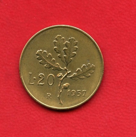 1957 - REPUBBLICA - 20 LIRE RAMO DI QUERCIA GAMBO LARGO - LOTTO/M29963