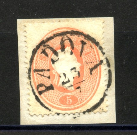 1861 - LOMBARDO VENETO - LOTTO/40576 - 5 SOLDI ROSSO CHIARO - SU FRAMMENTO USATO  PADOVA