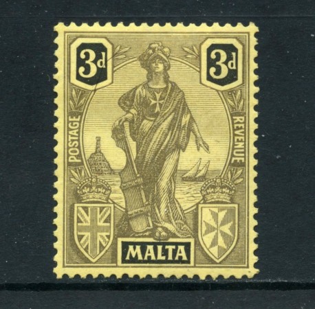 1922 - MALTA - 3p. NERO SU GIALLO ALLEGORIA CON TRACCIA DI LINGUELLA - LOTTO/25100