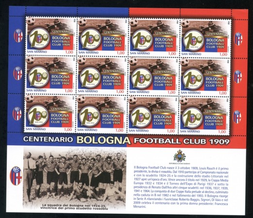 2009 - SAN MARINO - LOTTO/32818 -  CENTENARIO DEL BOLOGNA FOOTBALL CLUB - MINIFOGLIO DI 12 FRANCOBOLLI NUOVI - 