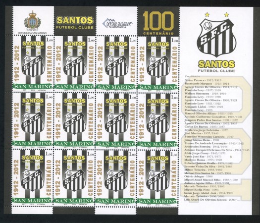 2012 - SAN MARINO - LOTTO/32816 -  SANTOS  FUTEBOL CLUBE - MINIFOGLIO DI 12 FRANCOBOLLI NUOVI - 