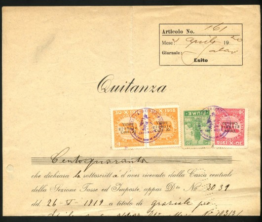 1920 - FIUME - LOTTO/39887 - QUIETANZA AFFRANCATA CON FRANCOBOLLI
