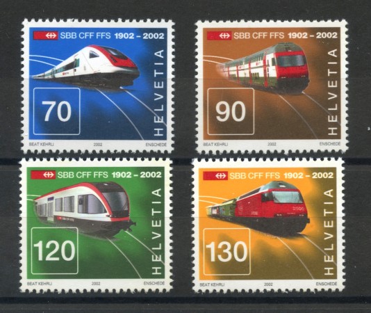 2002 - SVIZZERA - CENTENARIO FERROVIE 4v. - NUOVI - LOTTO/37362