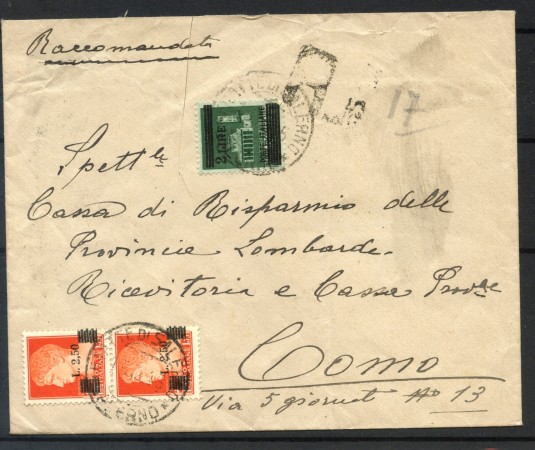 1945 - ITALIA - LUOGOTENENZA - RACCOMANDATA DA SALERNO PER COMO - LOTTO/31820