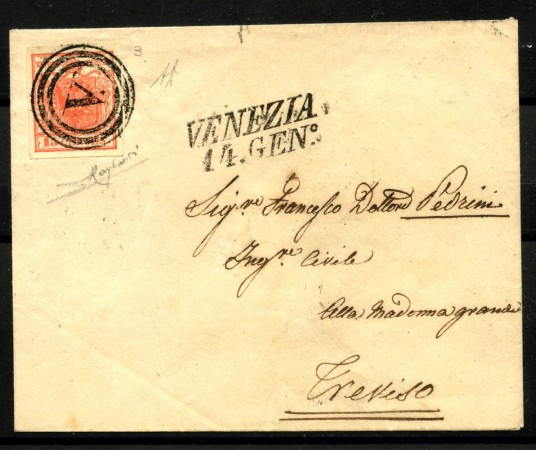 1851 - LOMBARDO VENETO - LOTTO/40522 - 15 Centesimi ROSSO SU BUSTA DA VENEZIA A TREVISO