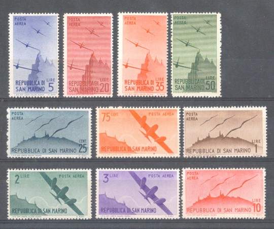 1946 - LOTTO/RSMA59CPL - SAN MARINO - POSTA AEREA 10v. LING.