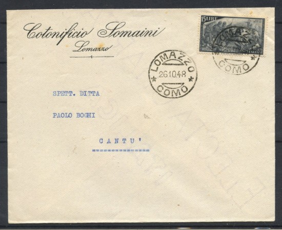 1948 - REPUBBLICA - LOTTO/48265 - 15 LIRE  RISORGIMENTO SU BUSTA COMMERCIALE