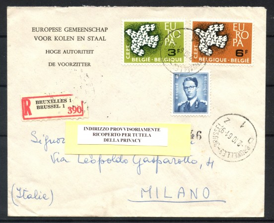 1961 - BELGIO - EUROPA 2v. - SU BUSTA RACCOMANDATA PER MILANO - LOTTO/32133
