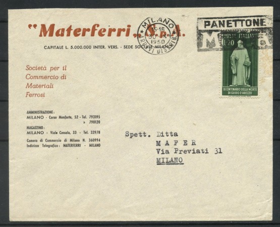 1950 - REPUBBLICA - LOTTO/47755  - 20 LIRE GUIDO D'AREZZO SU BUSTA DA MILANO