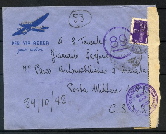 1942 - REGNO - BUSTA  VIA AEREA DA TORINO PER POSTA MILITARE  - LOTTO/30684