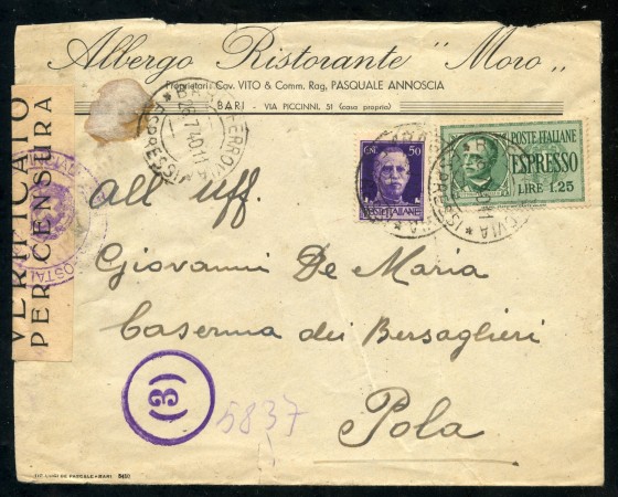 1940 - REGNO - BUSTA PER ESPRESSO DA NAPOLI A POLA - LOTTO/30415