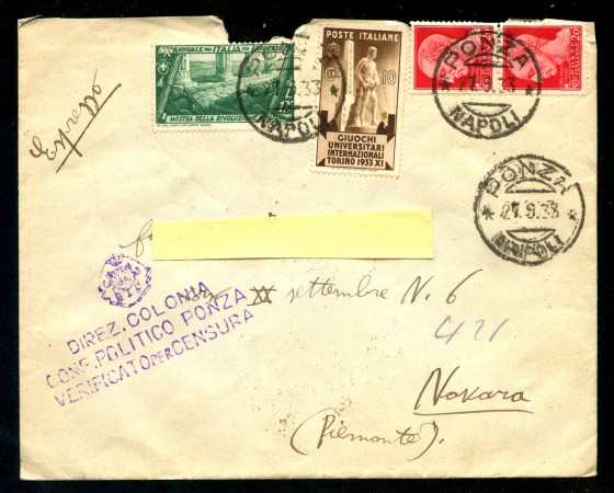 1933 - REGNO - BUSTA PER ESPRESSO DA PONZA A NOVARA - LOTTO/29977