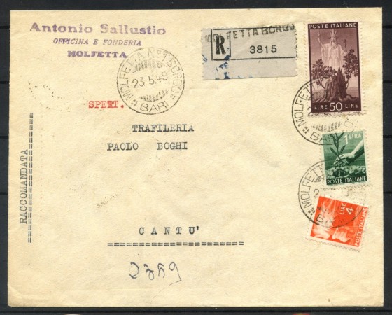 1949 - REPUBBLICA - LOTTO/40405 - BUSTA DA MOLFETTA A CANTU' RACCOMANDATA
