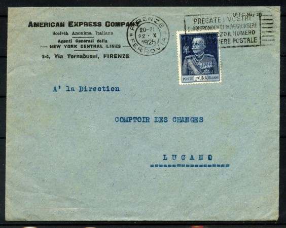 1925 - REGNO - LOTTO/40438 - 1 Lira  GIUBILEO DEL RE - BUSTA PER LA SVIZZERA