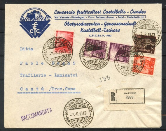 1949 - REPUBBLICA - LOTTO/40406 - BUSTA DA NATURNO A CANTU' RACCOMANDATA