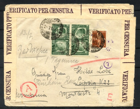 1941 - REGNO - LOTTO/42433 - BUSTA DA ANCONA A LIPSIA CON FASCETTE DI CENSURA