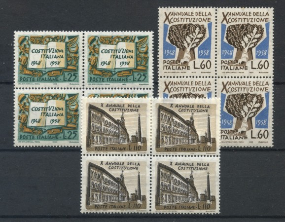 1958 - LOTTO/6330Q - REPUBBLICA - COSTITUZIONE 3v. - QUARTINE NUOVI