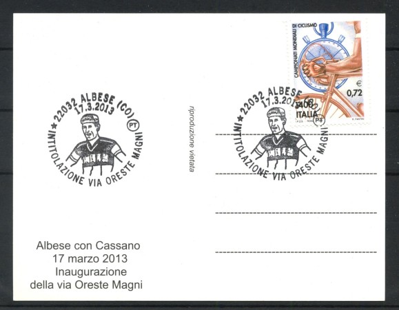 2013 - REPUBBLICA - LOTTO/42661 - ORESTE MAGNI CARTOLINA CON ANNULLO COMMEMORATIVO
