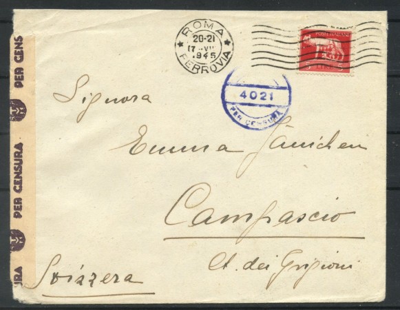 1945 - LUOGOTENENZA - LOTTO/47781 - BUSTA DA ROMA PER CAMPASCIO SVIZZERA