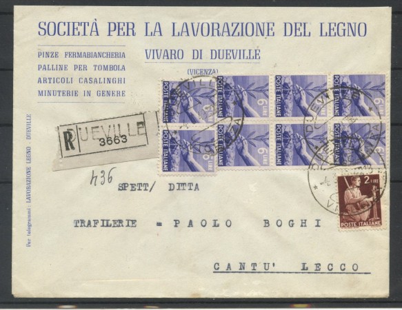 1949 - REPUBBLICA - LOTTO/40402 - BUSTA   RACCOMANDATA DA DUEVILLE A CANTU' - 