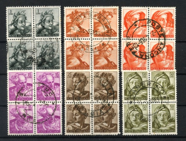 1961 - REPUBBLICA - LOTTO/42827 - MICHELANGIOLESCA 6 VALORI USATI IN QUARTINE