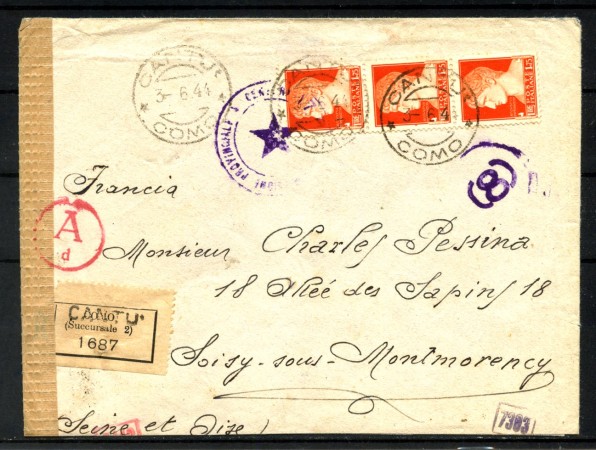 1944 - REPUBBLICA SOCIALE - LOTTO/42448 - BUSTA DA CANTU'  PER LA FRANCIA - CENSURA