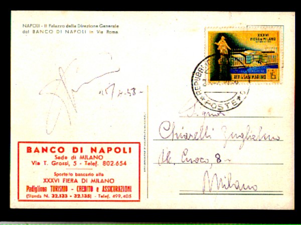 1958 - LOTTO/1449 - SAN MARINO - CARTOLINA DELLA PARTECIPAZIONE ALLA FIERA DI MILANO