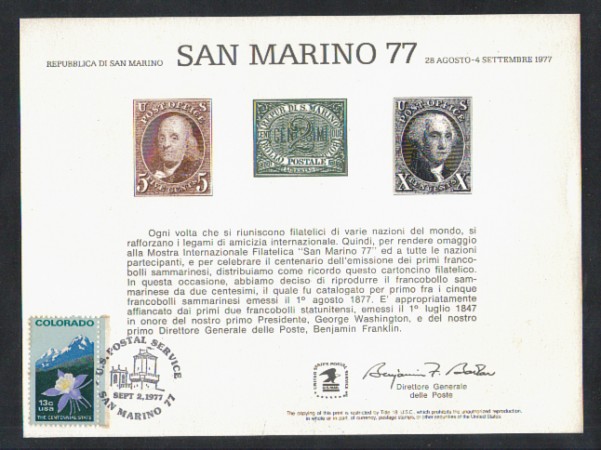 1977 - LOTTO/11152 - STATI UNITI - CARTONCINO RICORDO SAN MARINO 77 - USATO