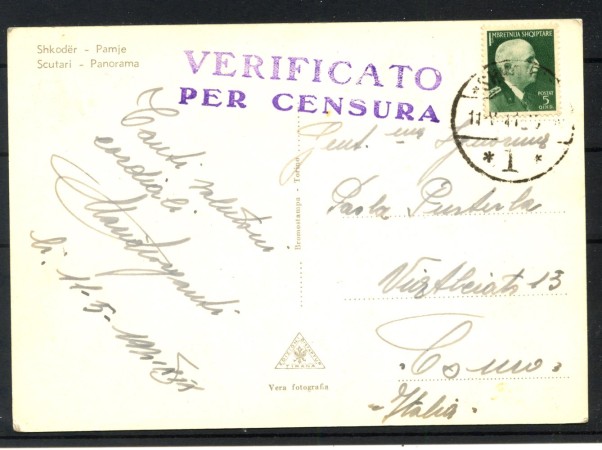 1941 - ALBANIA - LOTTO/42660 - 5q. VERDE SU CARTOLINA DA SCUTARI A COMO