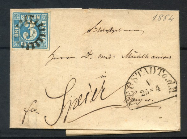 1854 - GERMANIA BAVIERA - 3 K. AZZURRO SU BUSTA  - LOTTO/31844