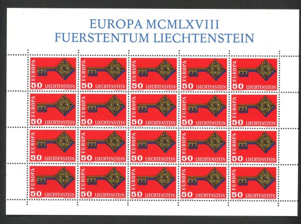 1968 - LIECHTENSTEIN - LOTTO/47821 -  50r. EUROPA MINIFOGLIO DI 20 FRANCOBOLLI NUOVO
