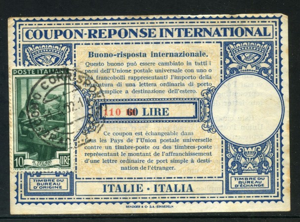 1952 - REPUBBLICA - COUPONS REPONSE INTERNATIONAL - AFFRANCATO - LOTTO/32130