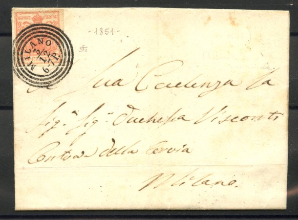 1851 - LOMBARDO VENETO - LOTTO/40525 - 15 Centesimi ROSSO SU BUSTA DA MILANO  PER CITTA'