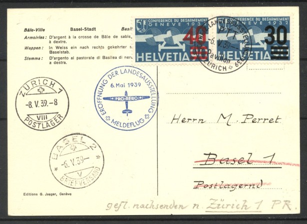 1939 - SVIZZERA - LOTTO/40673 -  CARTOLINA VOLO A STAFFETTA  DA ZURIGO A BASILEA